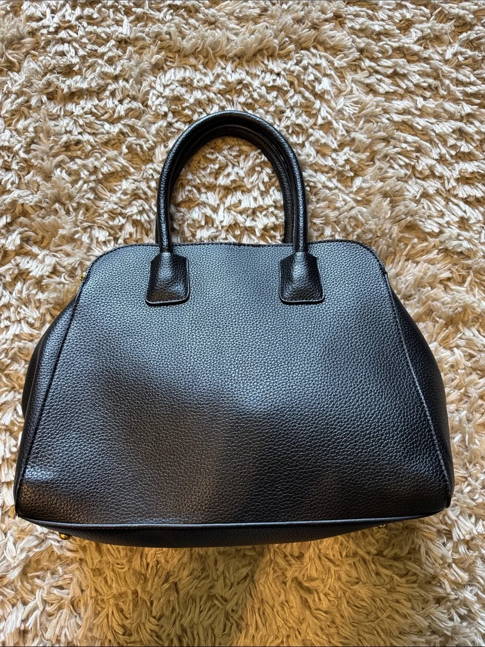 Adrienne Vittadini Black Pebbled Leather Satchel with Gold Lock